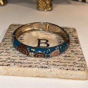 Vintage Gold Teal Blue Enamel Stacking Boho Hinged Clamper Bangle Bracelet